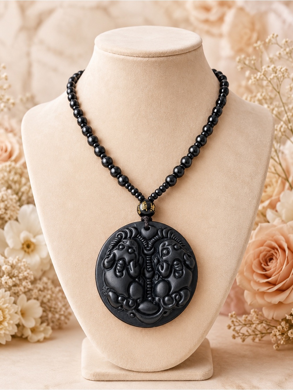 Black Carved Double Lion Pendant Beaded Necklace